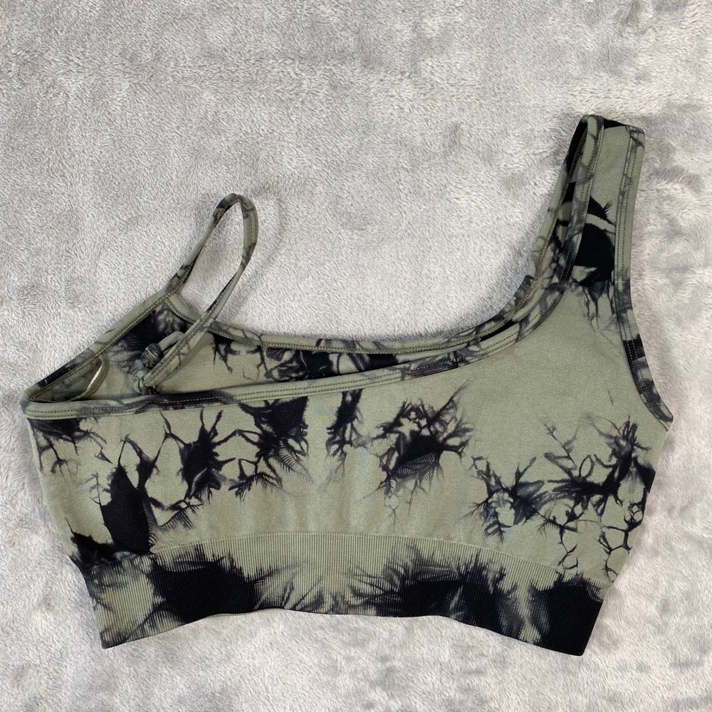 Unbranded Sports Bra Womens M Green Tie Dye One Shoulder Ribbed Active - Picture 2 of 9